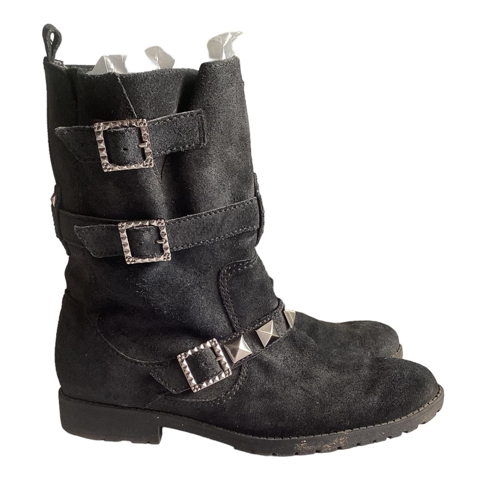 Libby Edelman 6 Buckle Moto Black Suede Boots Mona